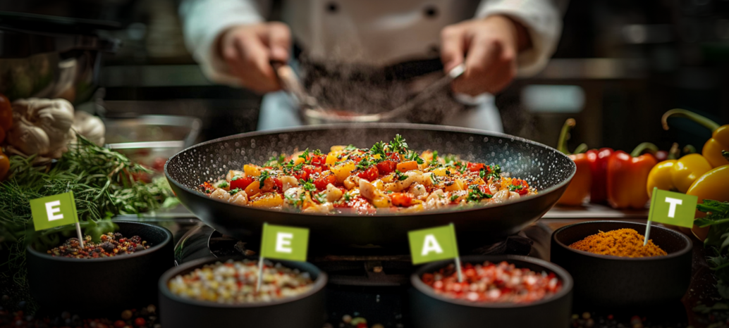 Pfanne mit heißem Essen und mehreren Zutaten